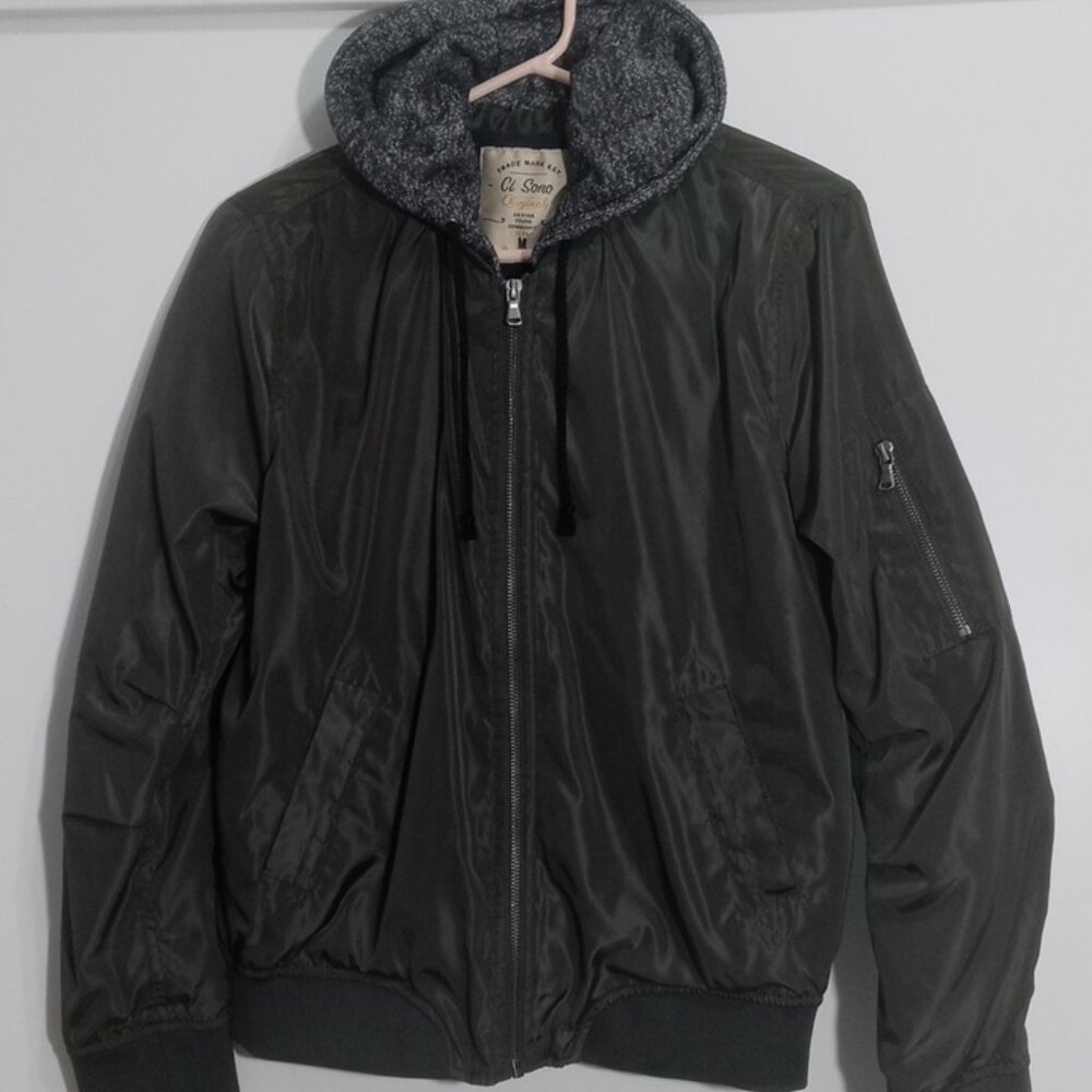 Ci Sono Army Green Bomber Jacket Double Layered Zip Hooded Sweatshirt Size Med